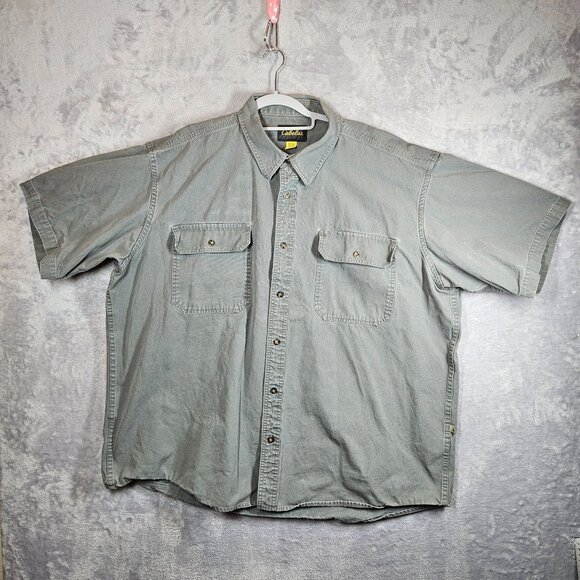 Cabelas Mens 2XL Short Sleeve Button Canvas Shirt Gray Cotton Work flaws rugged - Picture 1 of 11